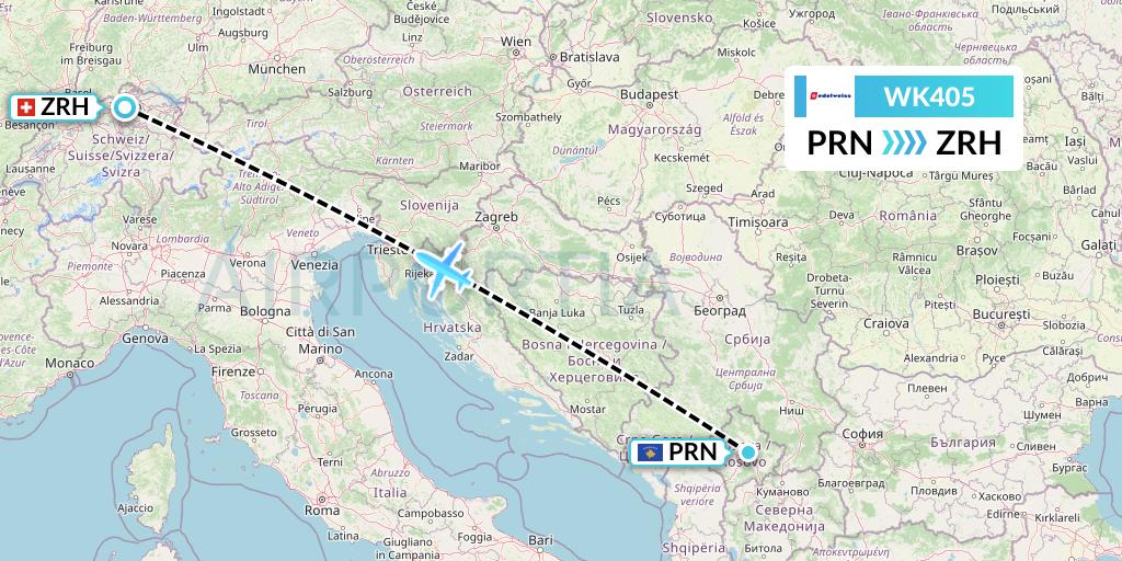 WK405 Edelweiss Air Flight Map: Pristina to Zurich