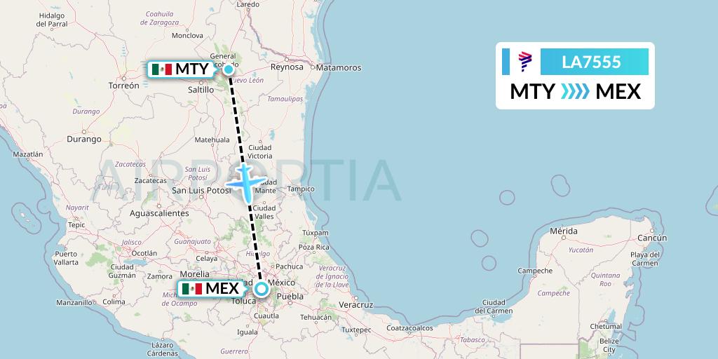 LA7555 LAN Airlines Flight Map: Monterrey to Mexico City