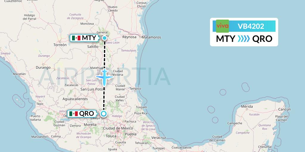 VB4202 VivaAerobus Flight Map: Monterrey to Queretaro