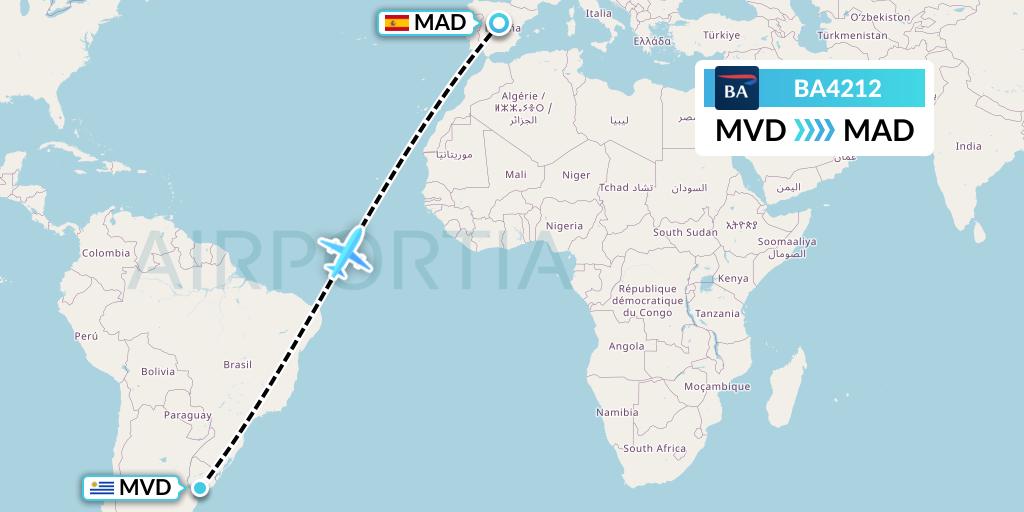 BA4212 British Airways Flight Map: Montevideo to Madrid