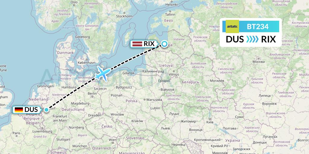 BT234 Air Baltic Flight Map: Dusseldorf to Riga