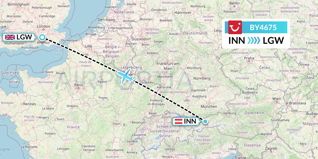 BY4675 TUI Airways Flight Map: Innsbruck to London