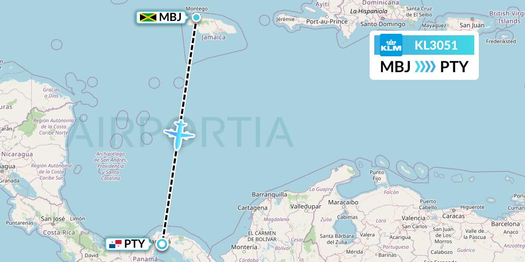 KL3051 KLM Flight Map: Montego Bay to Panama City
