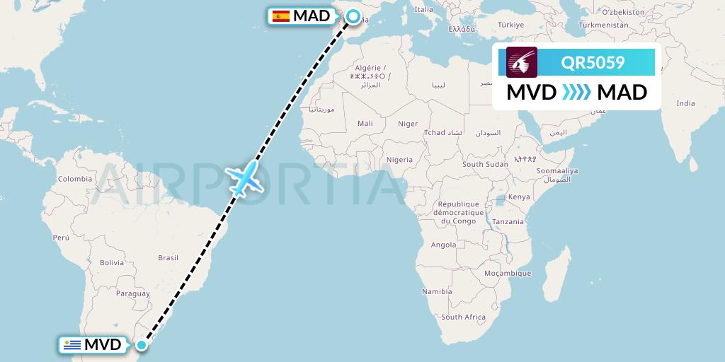 QR5059 Qatar Airways Flight Map: Montevideo to Madrid