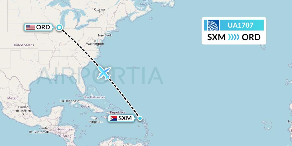 UA1707 United Airlines Flight Map: Sint Maarten to Chicago