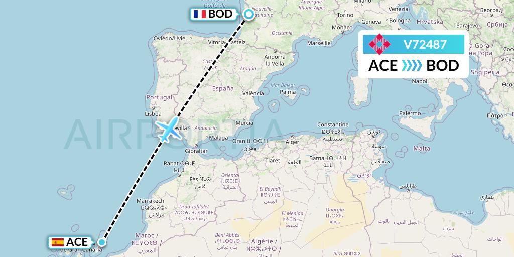 V72487 Volotea Flight Map: Lanzarote to Bordeaux