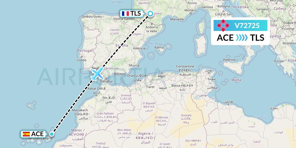 V72725 Volotea Flight Map: Lanzarote to Toulouse
