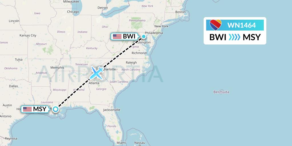 WN1464 Southwest Airlines Flight Map: Baltimore to New Orleans
