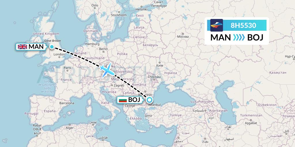 8H5530 BH Air Flight Map: Manchester to Burgas