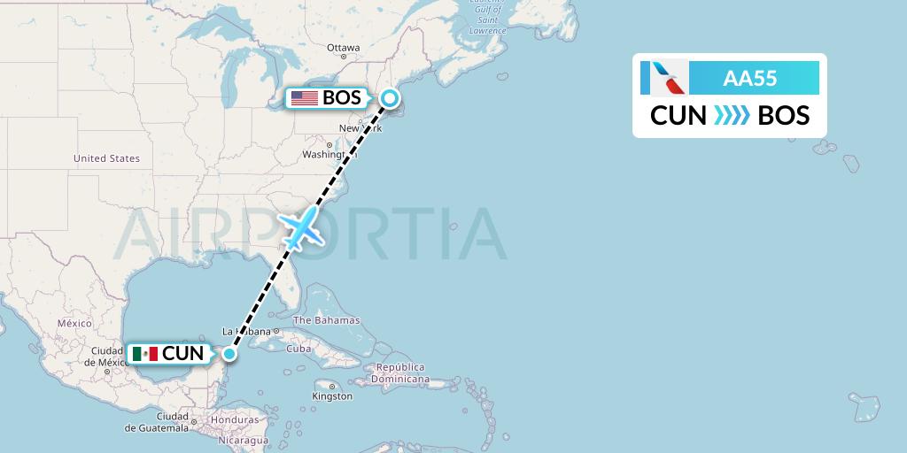 AA55 American Airlines Flight Map: Cancun to Boston