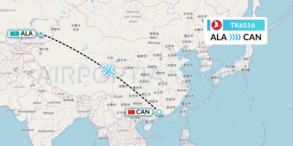 TK6516 Turkish Airlines Flight Map: Almaty to Guangzhou