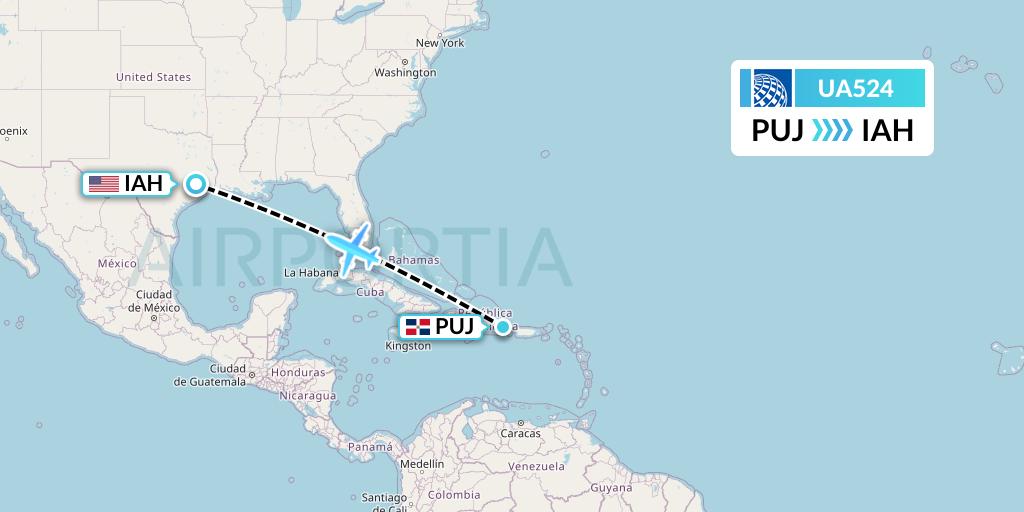 UA524 United Airlines Flight Map: Punta Cana to Houston