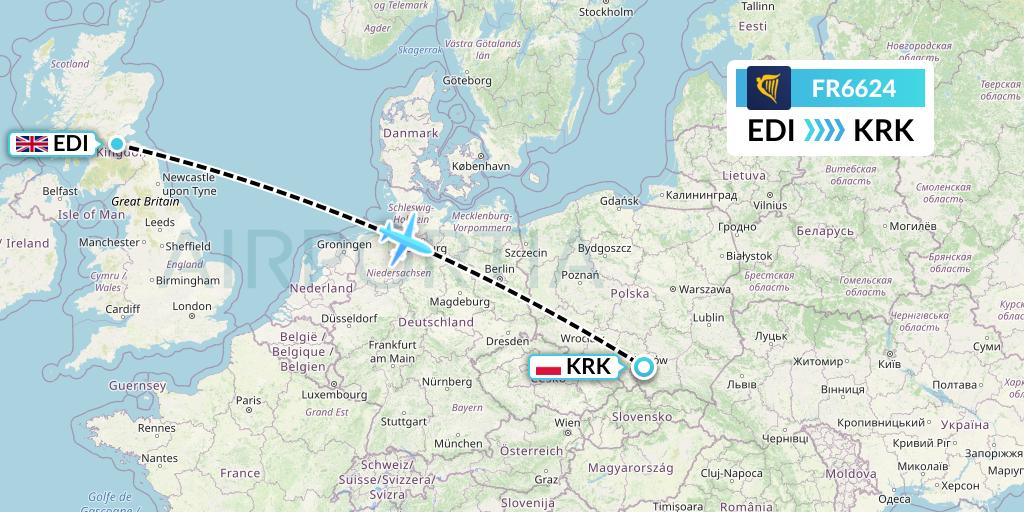 FR6624 Ryanair Flight Map: Edinburgh to Krakow
