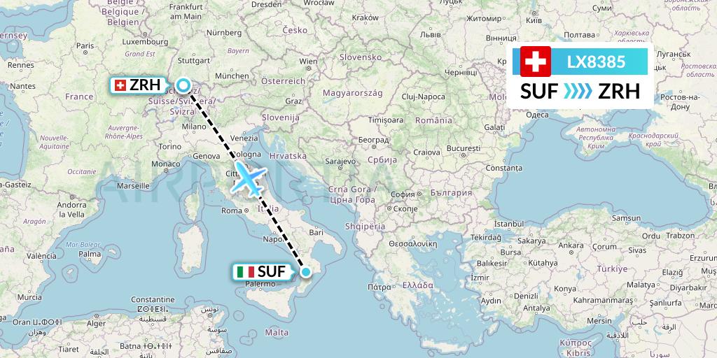 LX8385 Swiss Flight Map: Lamezia Terme to Zurich