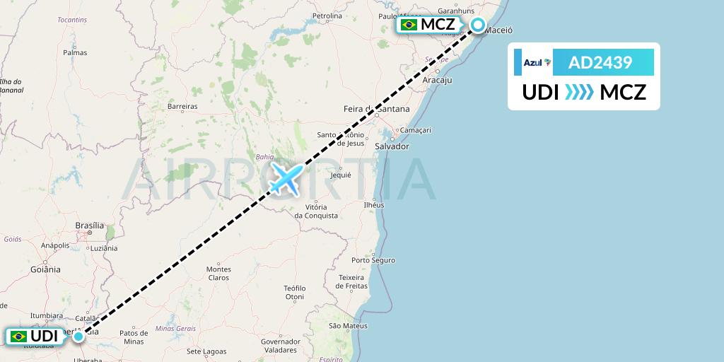 AD2439 Azul Brazilian Airlines Flight Map: Uberlandia to Maceio