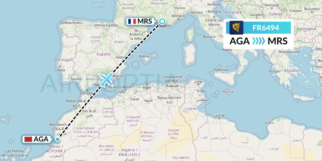 FR6494 Ryanair Flight Map: Agadir to Marseille