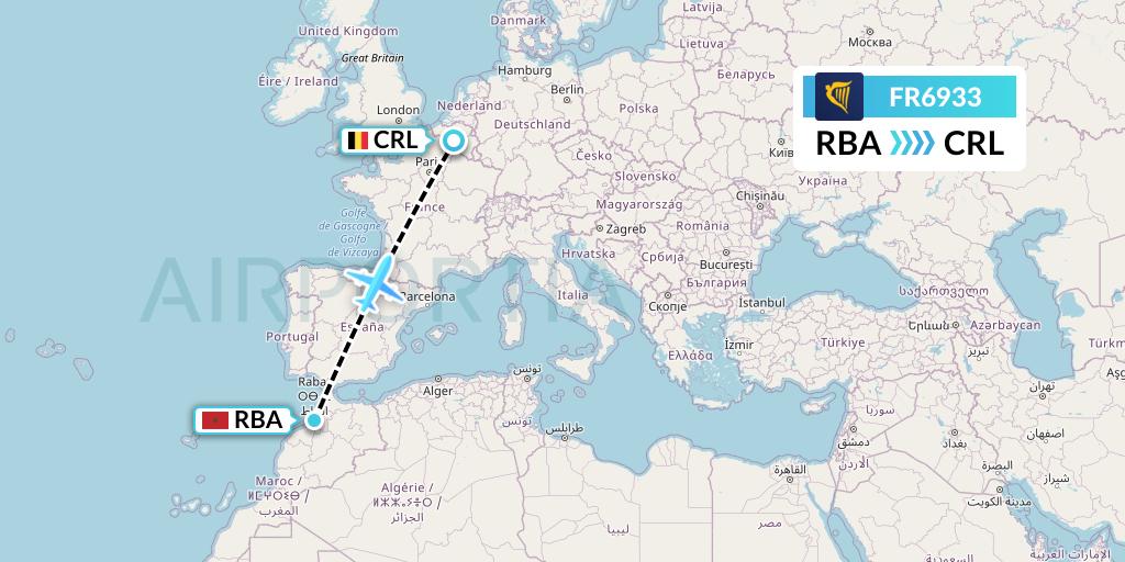 FR6933 Ryanair Flight Map: Rabat to Brussels