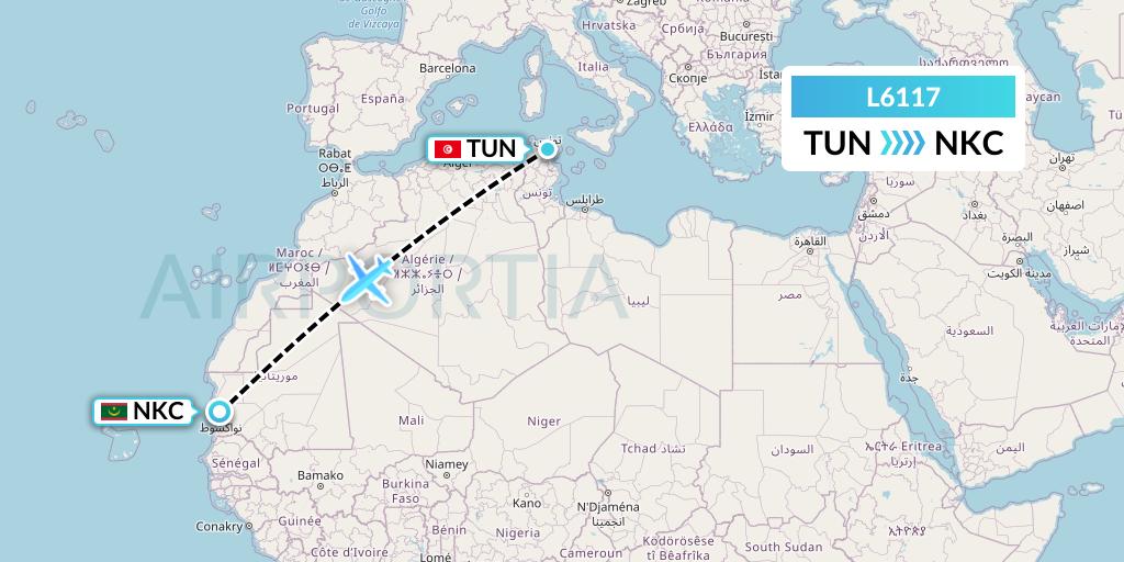 L6117 Mauritania Airlines International Flight Map: Tunis to Nouakchott