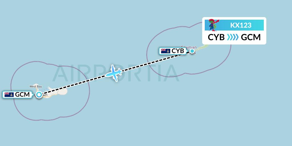 KX123 Cayman Airways Flight Map: Cayman Brac to George Town