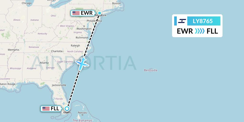 LY8765 El Al Flight Map: New York to Fort Lauderdale