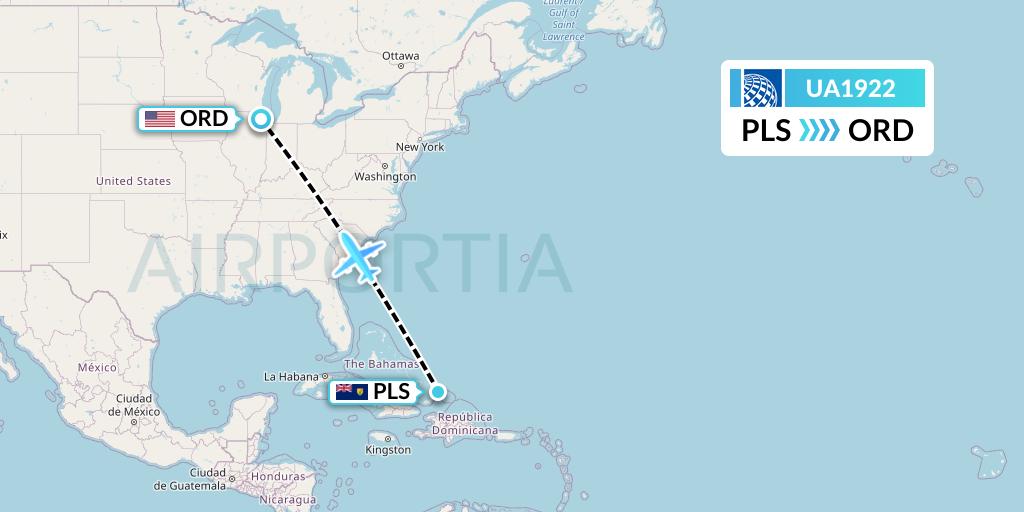 UA1922 United Airlines Flight Map: Providenciales to Chicago