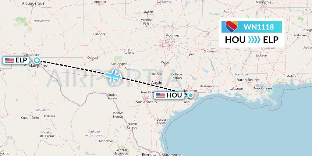 WN1118 Southwest Airlines Flight Map: Houston to El Paso