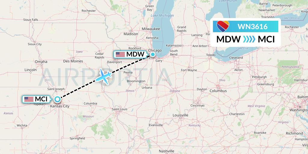 WN3616 Southwest Airlines Flight Map: Chicago to Kansas City