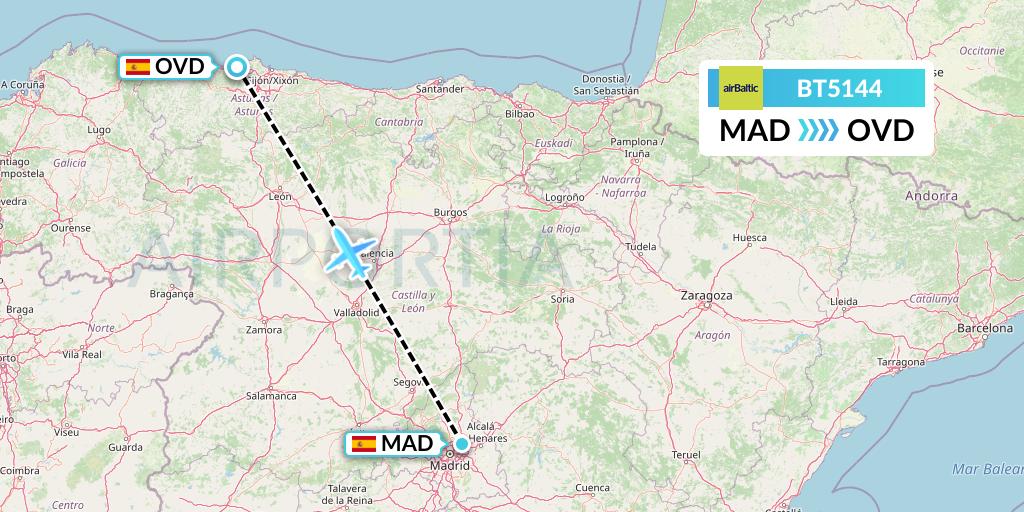 BT5144 Air Baltic Flight Map: Madrid to Asturias