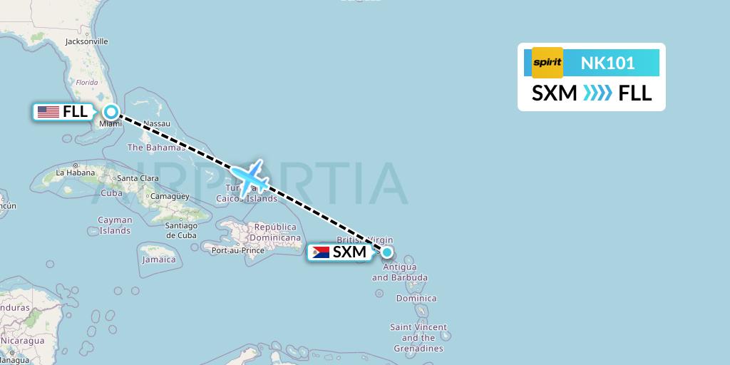 NK101 Spirit Airlines Flight Map: Sint Maarten to Fort Lauderdale