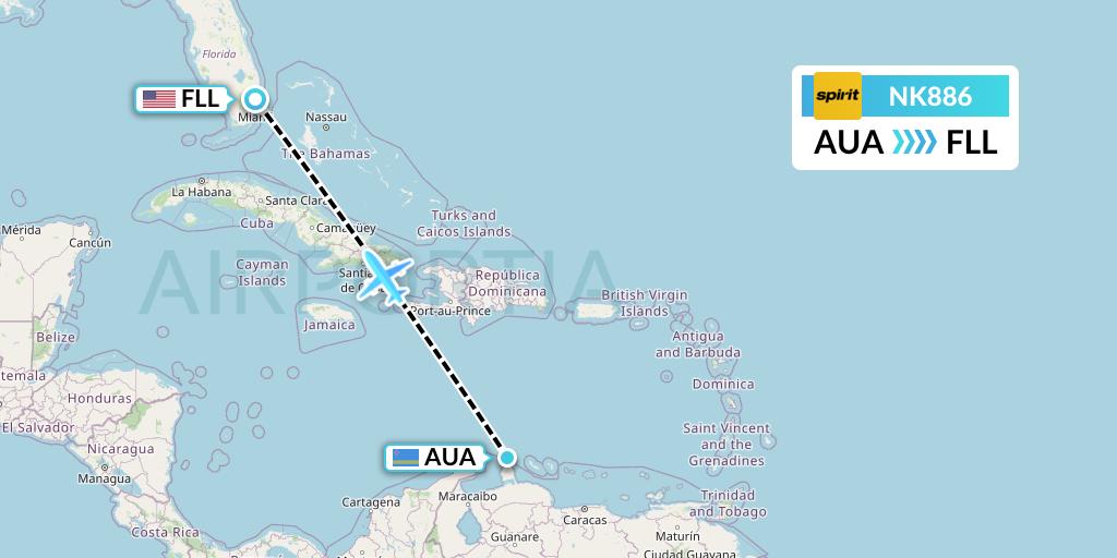NK886 Spirit Airlines Flight Map: Oranjestad to Fort Lauderdale