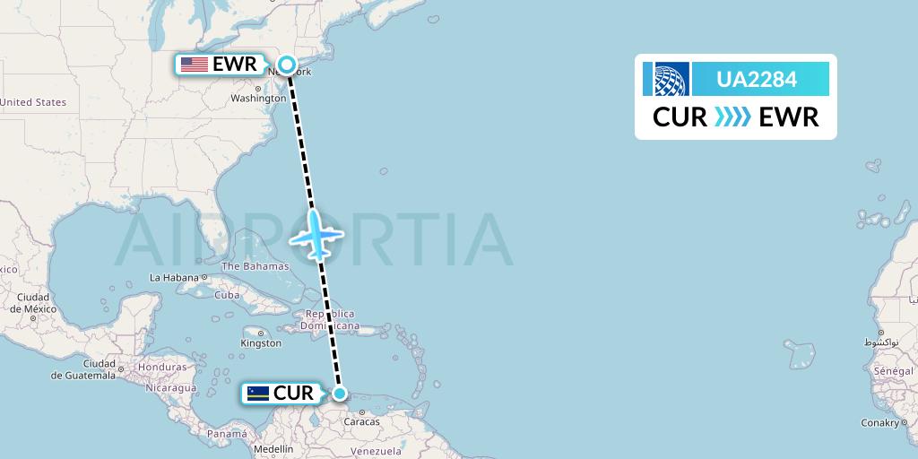 UA2284 United Airlines Flight Map: Willemstad to New York