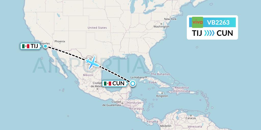 VB2263 VivaAerobus Flight Map: Tijuana to Cancun