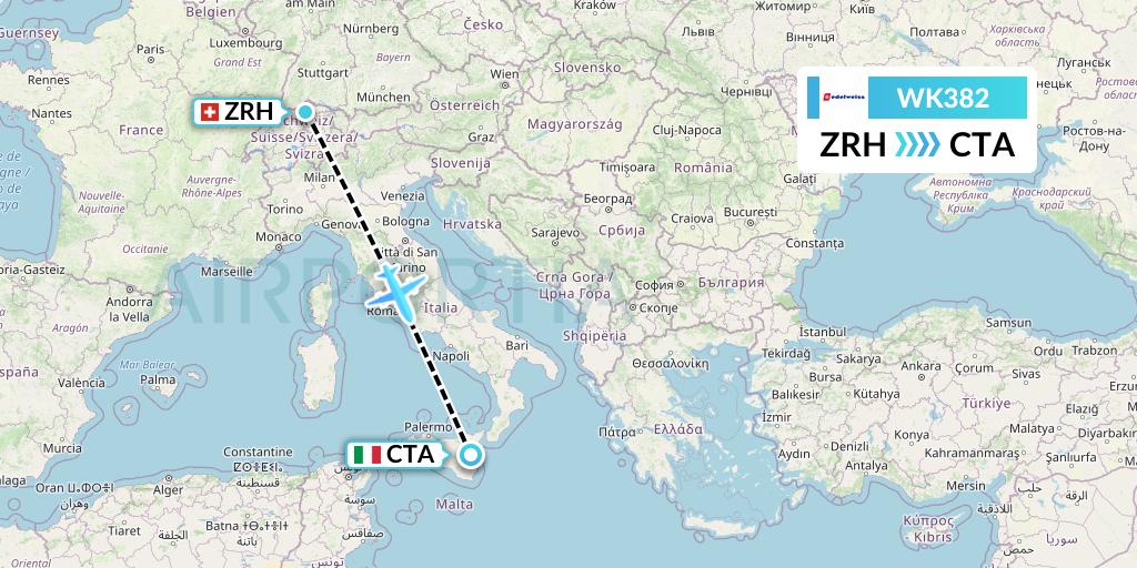 WK382 Edelweiss Air Flight Map: Zurich to Catania