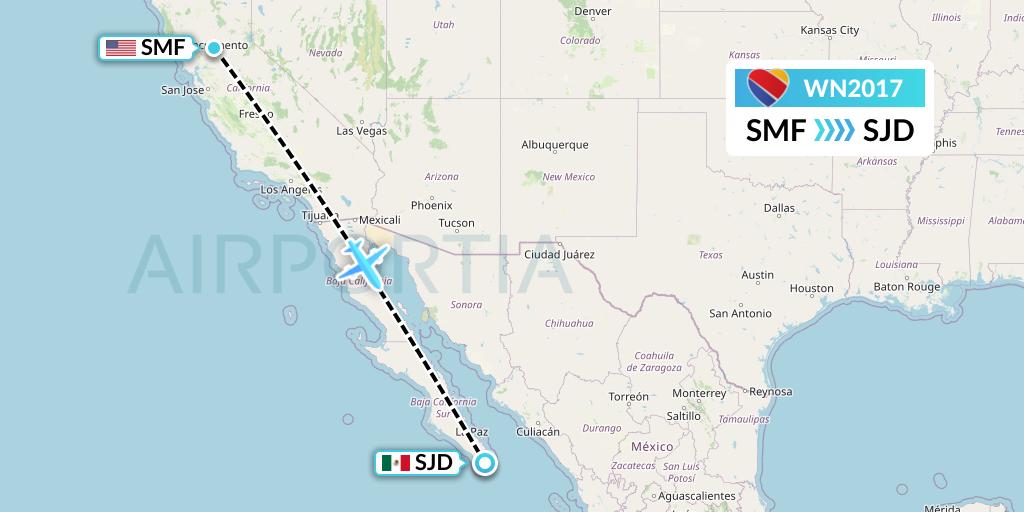 WN2017 Southwest Airlines Flight Map: Sacramento to San Jose del Cabo