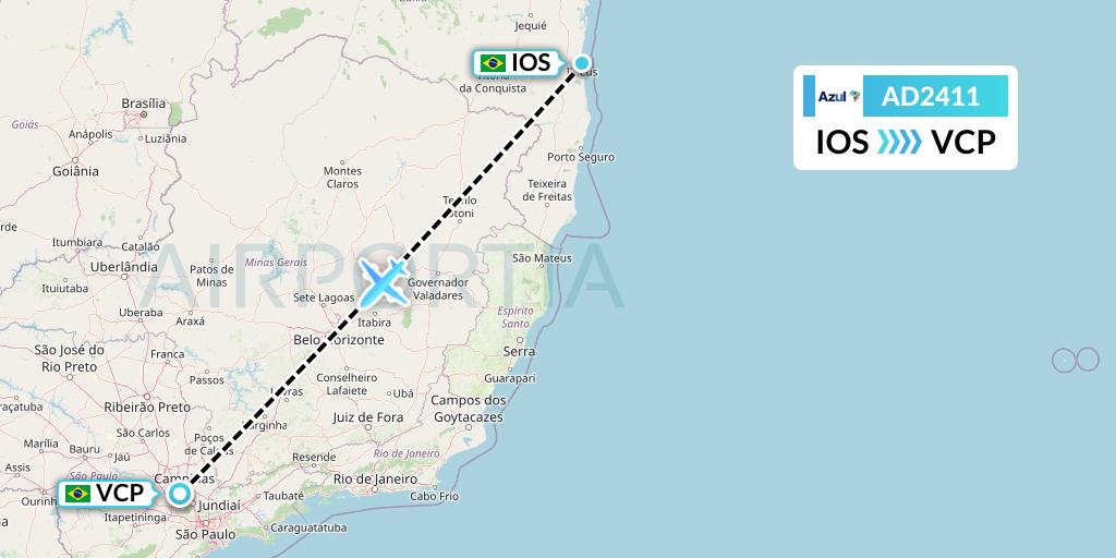 AD2411 Azul Brazilian Airlines Flight Map: Ilheus to Campinas