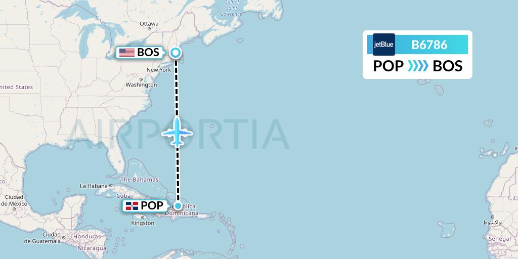 B6786 JetBlue Airways Flight Map: Puerto Plata to Boston