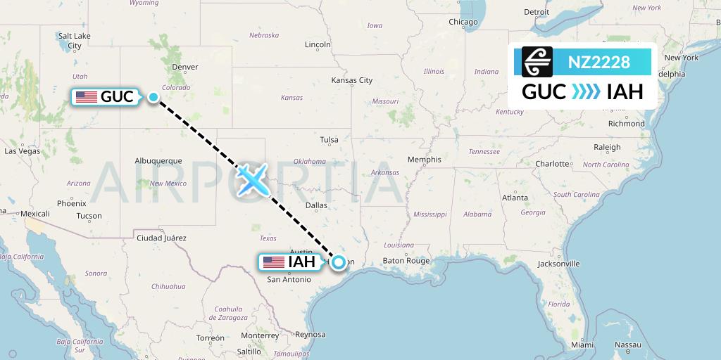 NZ2228 Air New Zealand Flight Map: Gunnison to Houston