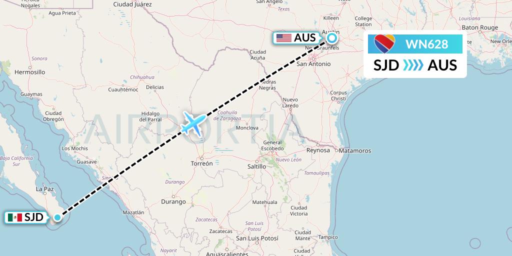 WN628 Southwest Airlines Flight Map: San Jose del Cabo to Austin