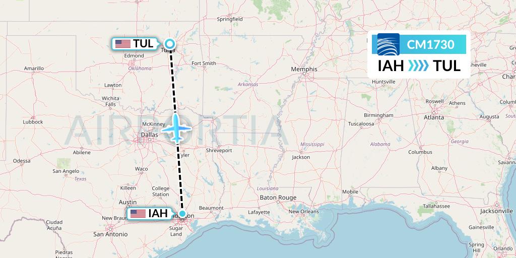CM1730 Copa Airlines Flight Map: Houston to Tulsa