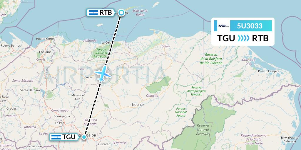 5U3033 TAG Airlines Flight Map: Tegucigalpa to Roatan