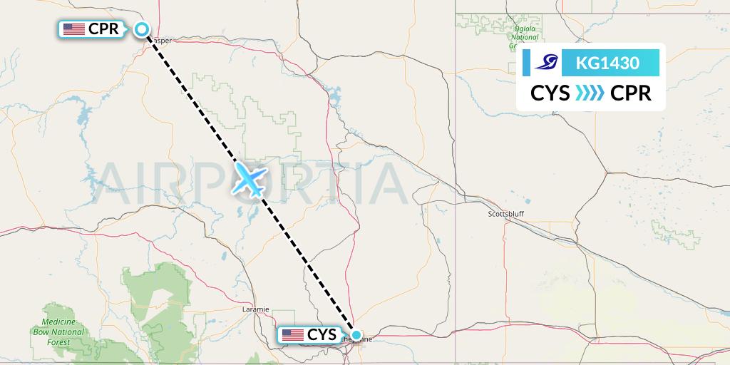 KG1430 Key Lime Air Flight Map: Cheyenne to Casper