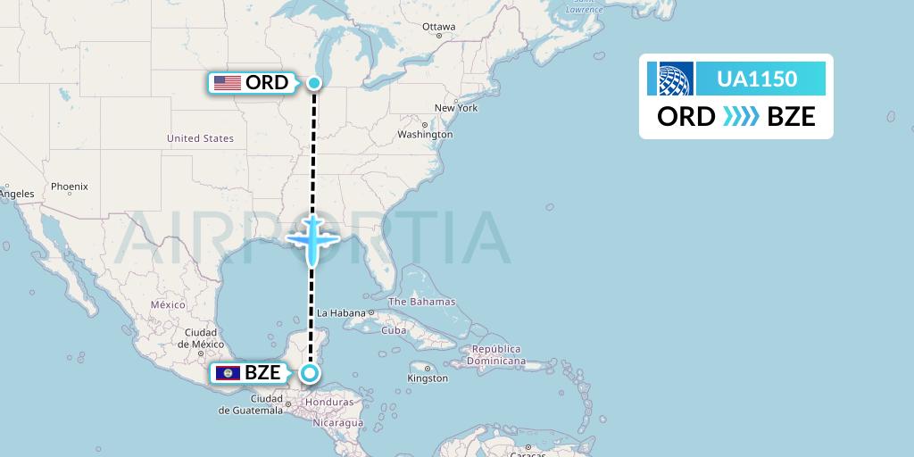 UA1150 United Airlines Flight Map: Chicago to Belize City
