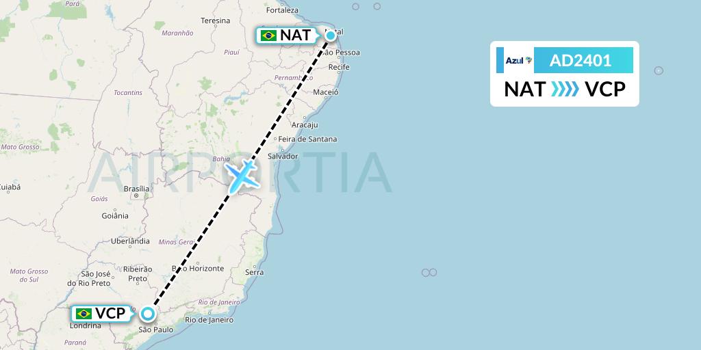 AD2401 Azul Brazilian Airlines Flight Map: Natal to Campinas