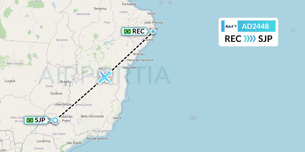 AD2448 Azul Brazilian Airlines Flight Map: Recife to Sao Jose Do Rio Preto