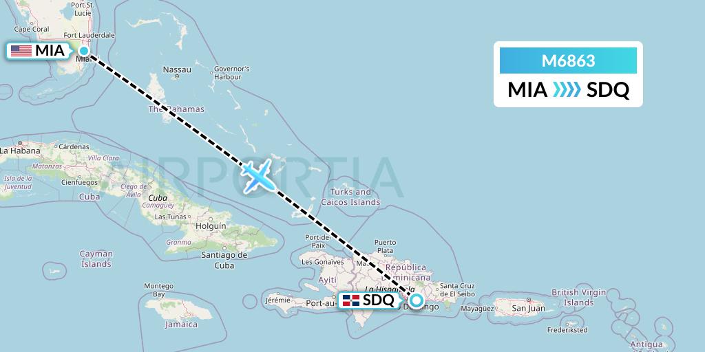 M6863 Amerijet International Flight Map: Miami to Santo Domingo