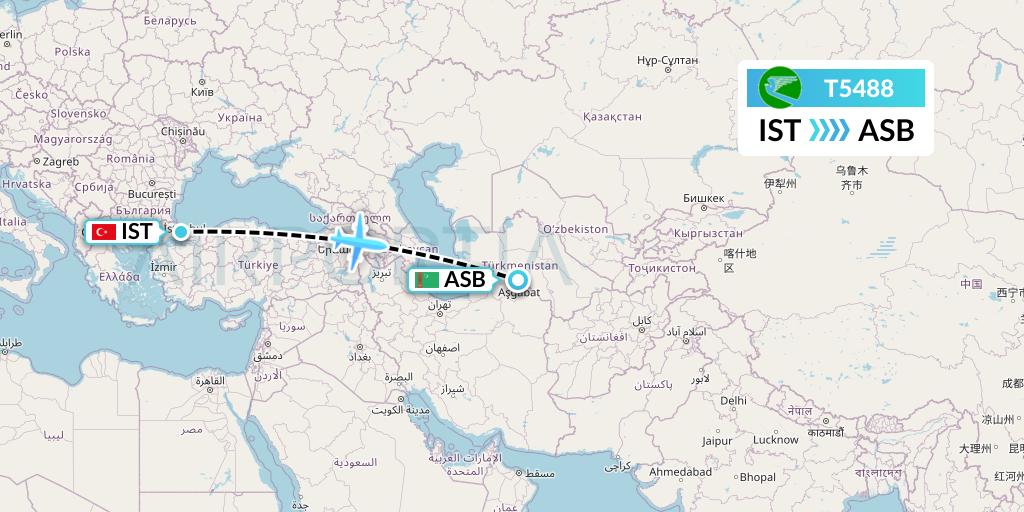 T5488 Turkmenistan Airlines Flight Map: Istanbul to Ashgabat