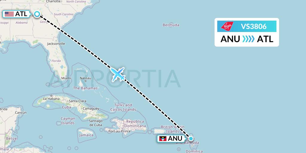 VS3806 Virgin Atlantic Airways Flight Map: Antigua to Atlanta