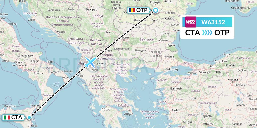 W63152 Wizz Air Flight Map: Catania to Bucharest