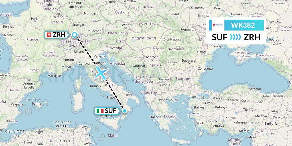 WK382 Edelweiss Air Flight Map: Lamezia Terme to Zurich