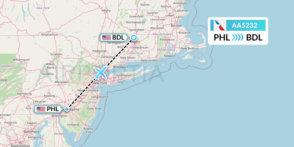 AA5232 American Airlines Flight Map: Philadelphia to Windsor Locks